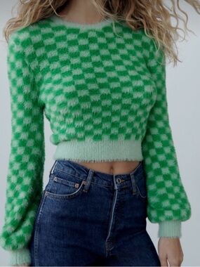 Zara Green Checkered Fuzzy Crewneck Sweater